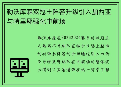 勒沃库森双冠王阵容升级引入加西亚与特里耶强化中前场