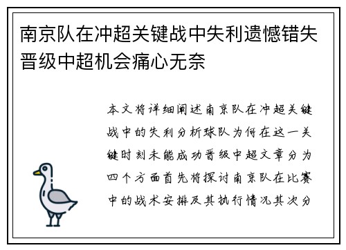 南京队在冲超关键战中失利遗憾错失晋级中超机会痛心无奈 南京队在冲超关键战中失利遗憾错失晋级中超机会痛心无奈