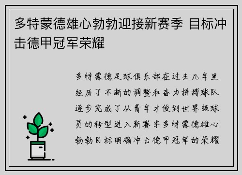 多特蒙德雄心勃勃迎接新赛季 目标冲击德甲冠军荣耀 多特蒙德雄心勃勃迎接新赛季 目标冲击德甲冠军荣耀